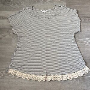 Sonoma Black & Cream Striped Short Sleeve Tee with Crochet Trim